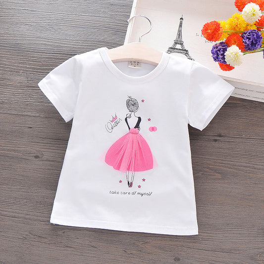 Solid Color Girl Printed T-Shirt - Summer Korean children's wear children's short-sleeved cotton T-shirt cartoon girls shirt small girl half-sleeved shirt