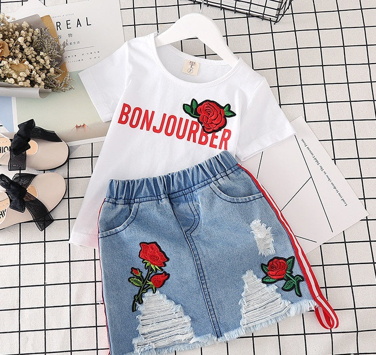 Kids White T-shirt Denim Skirt 2pcs Girls Suits