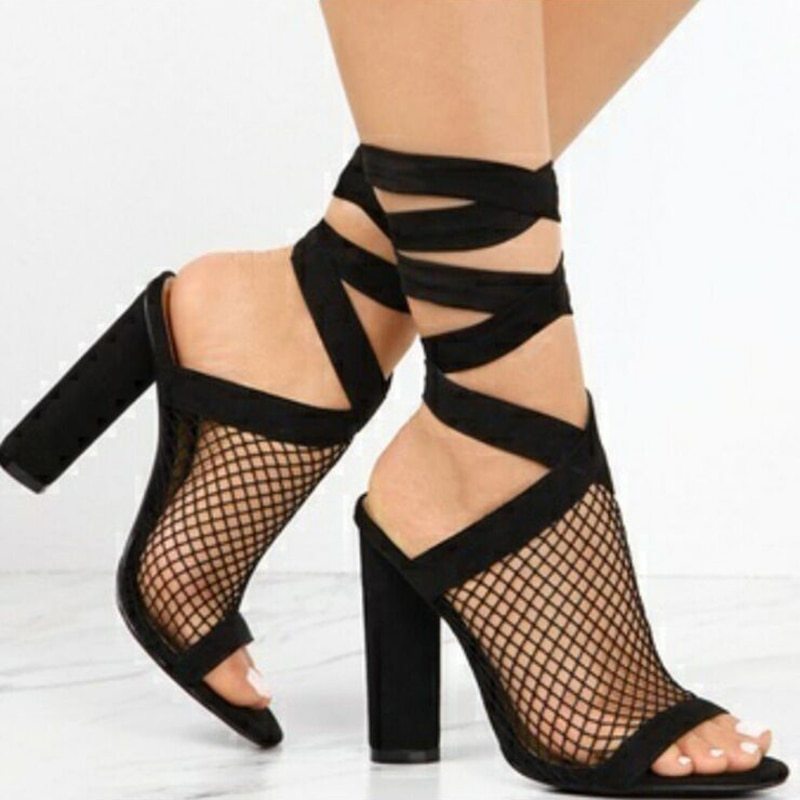Women Sandals Bandage Flock Cross Strap Lace Up - High Heels Sandal