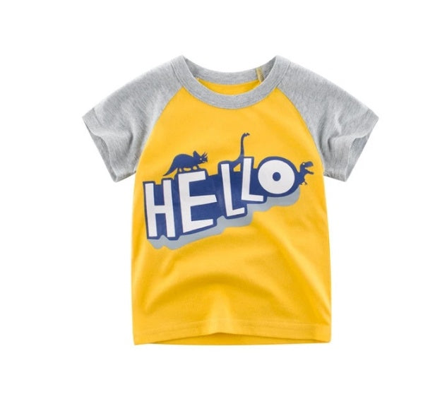 Trendy Summer Boys’ T-Shirt – Hello Dino Cotton Tee ☀️ Children's Wear Summer New Korean Children's Boys Cotton T-shirt Men's Treasure In Children's Short Sleeves - JumoShop