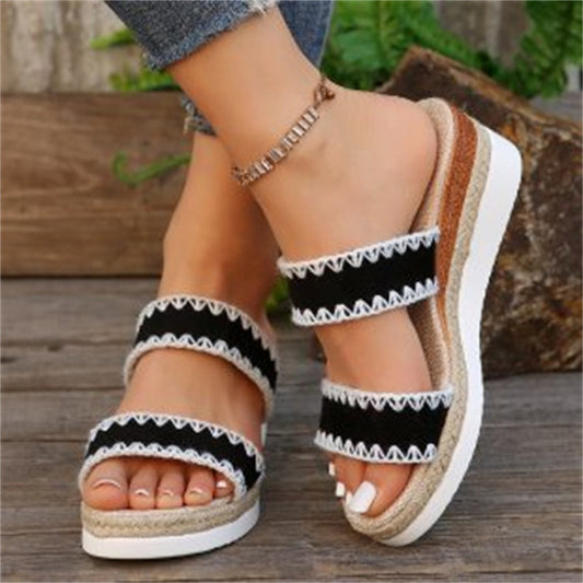 New Hemp Rope Woven Wedge Slippers - Summer Ethnic Style Sandals Double Wide Strappy Shoes For Women