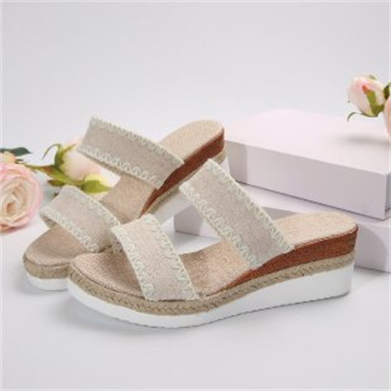 New Hemp Rope Woven Wedge Slippers - Summer Ethnic Style Sandals Double Wide Strappy Shoes For Women
