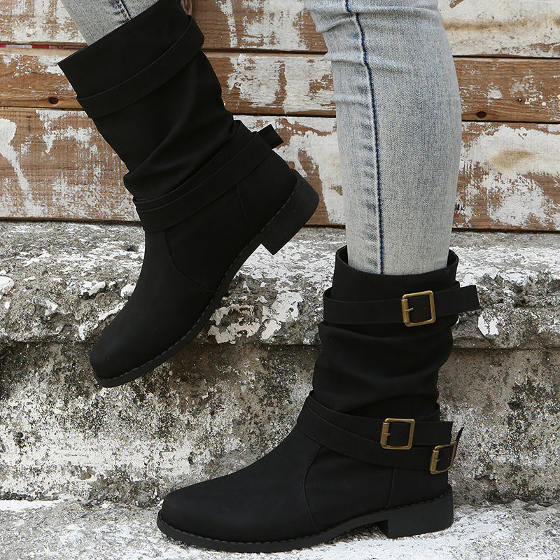 Low Heel Vintage Adjustable Buckle Boots for Women