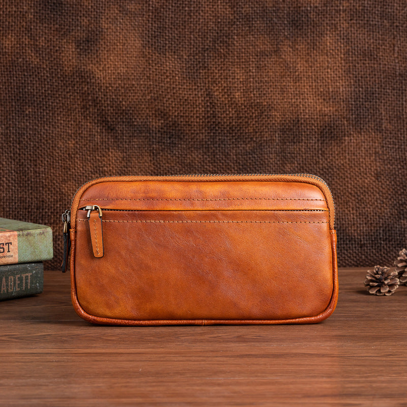 Cowhide Casual Men's Clutch - Vertical Model In Square Shape First Layer