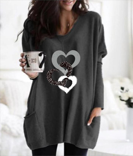 Women's Printed Pocket Round Neck Sweater - Women's Mid-length sweater