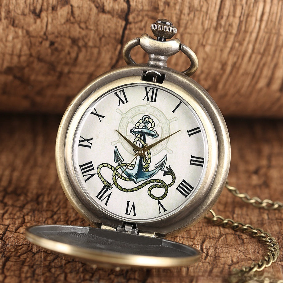 Retro Bronze Boat Anchor Pattern Roman Literal Quartz Large Pocket Watch