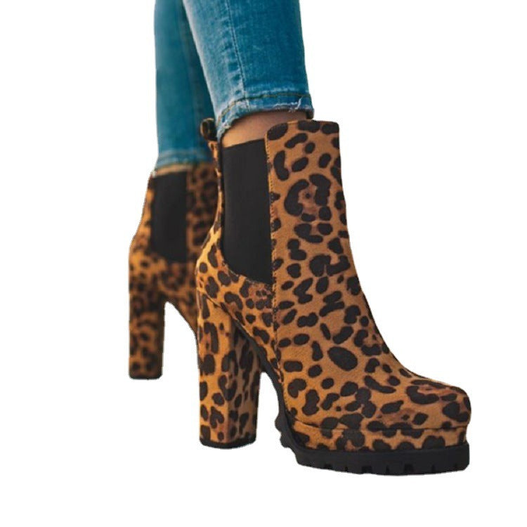 Round-toe Ankle Boots - Solid Leopard Print Thick Square High Heel Shoes Ladies Casual Fashion Autumn Winter Suede Dress Party Boots