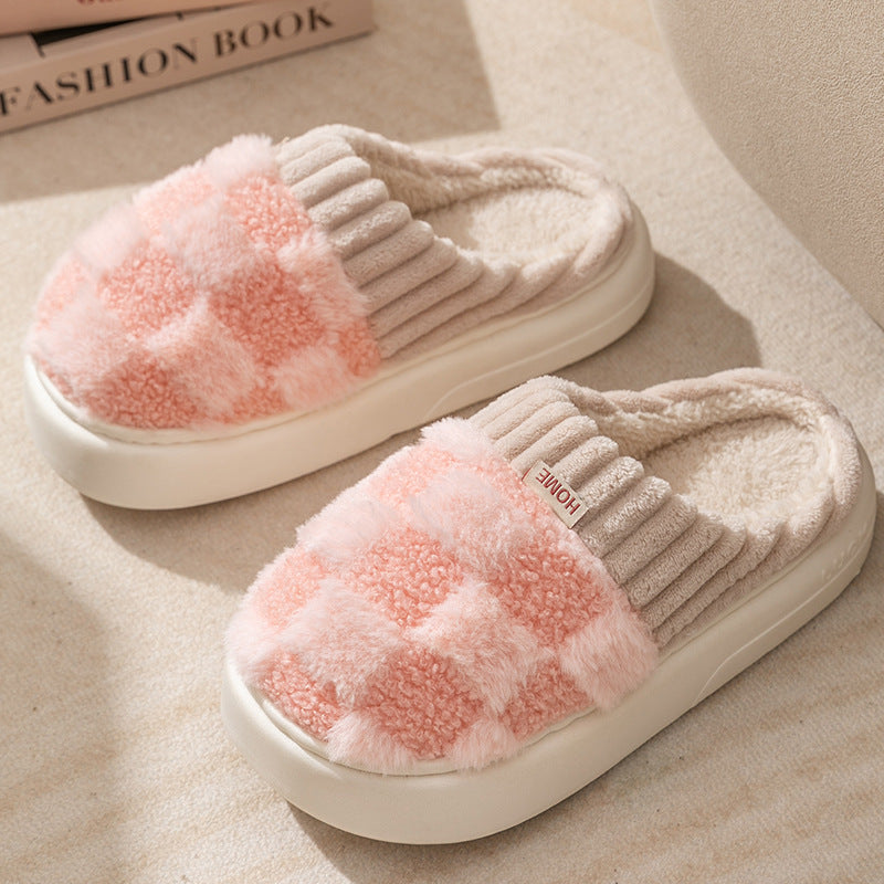 Plaid Plush Slippers - Women's Indoor Plush Home Slippers