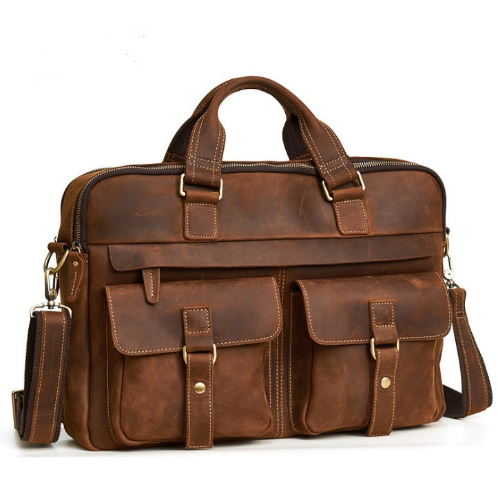15.6 inch Laptop Bag - Genuine men''s bags retro men''s business bags briefcase cowhide oblique Bag