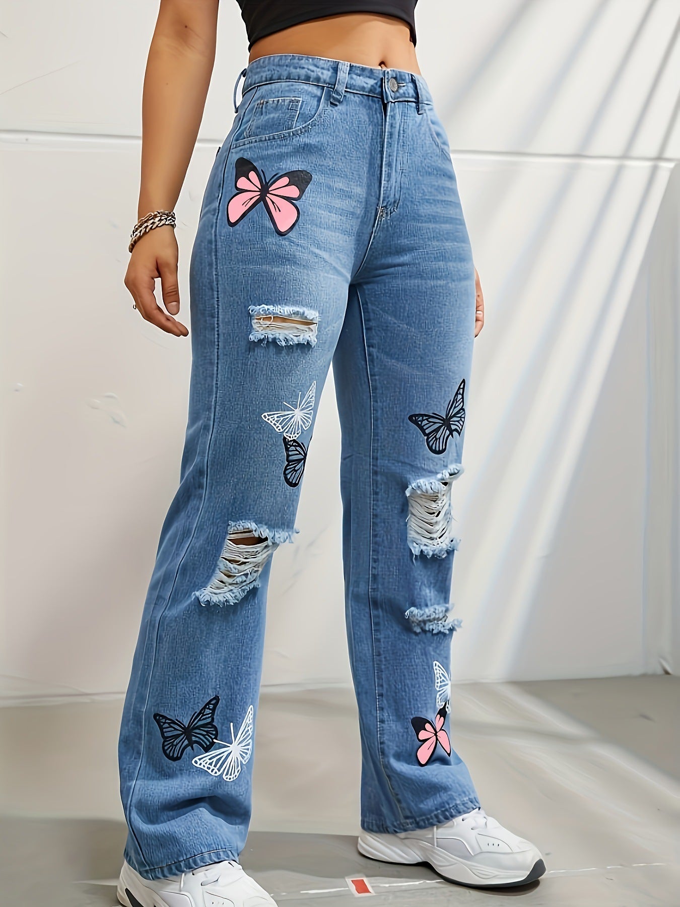 Butterfly Bliss High-Waisted Ripped Jeans – Trendy & Chic!  High Waisted Straight Leg Jeans For Women Trendy Butterfly Print Ripped Distressed Denim Pants - JumoShop