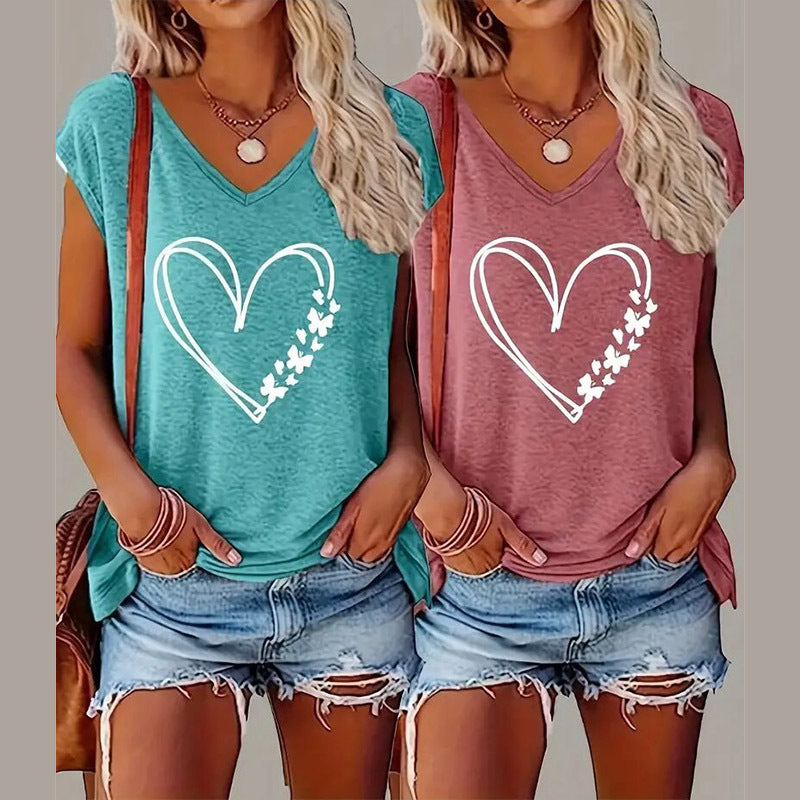 2-Pack Women's V-Neck T-Shirts Floral & Heart Print, Soft Breathable Summer Tops, Casual Streetwear