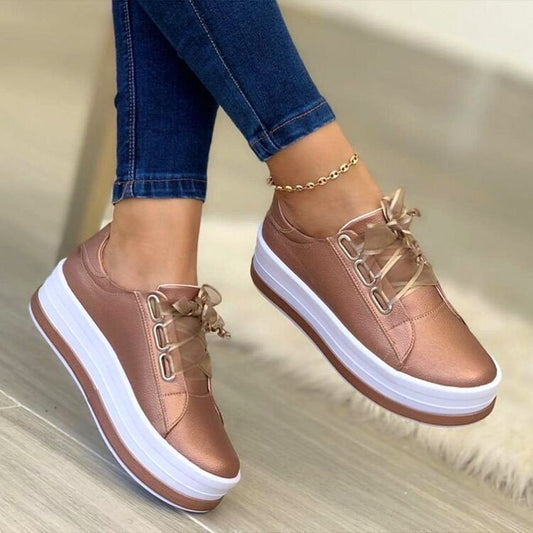 Fashion Flats Sneakers for Women - Ribbon Lace-up Platform Shoes
