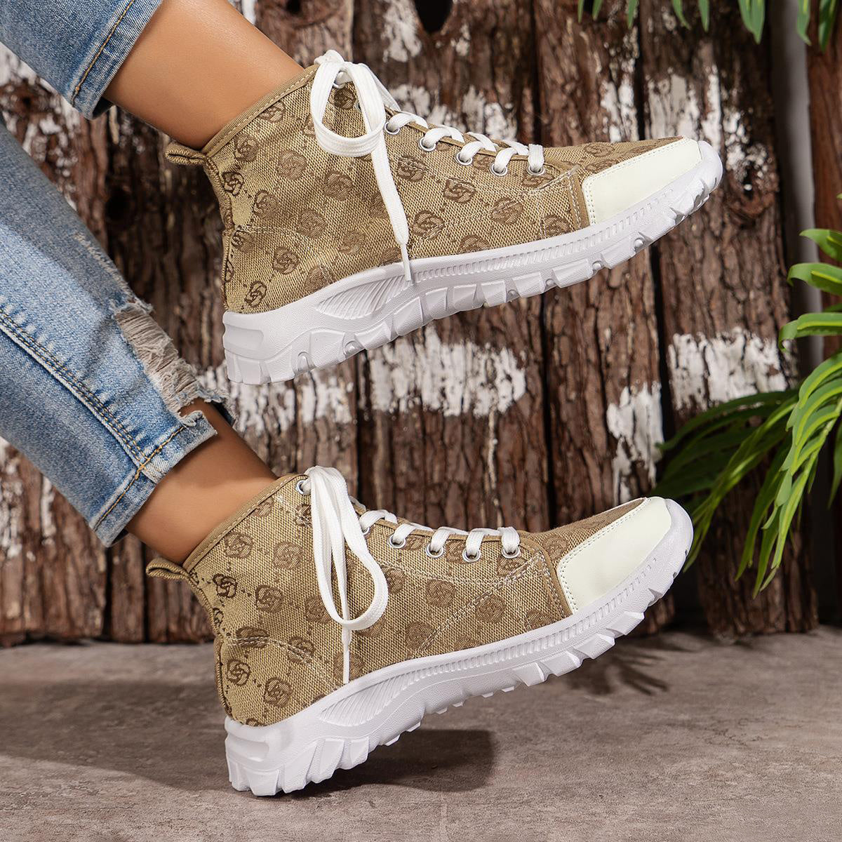 Rose-printed Lace-up Boots For Women