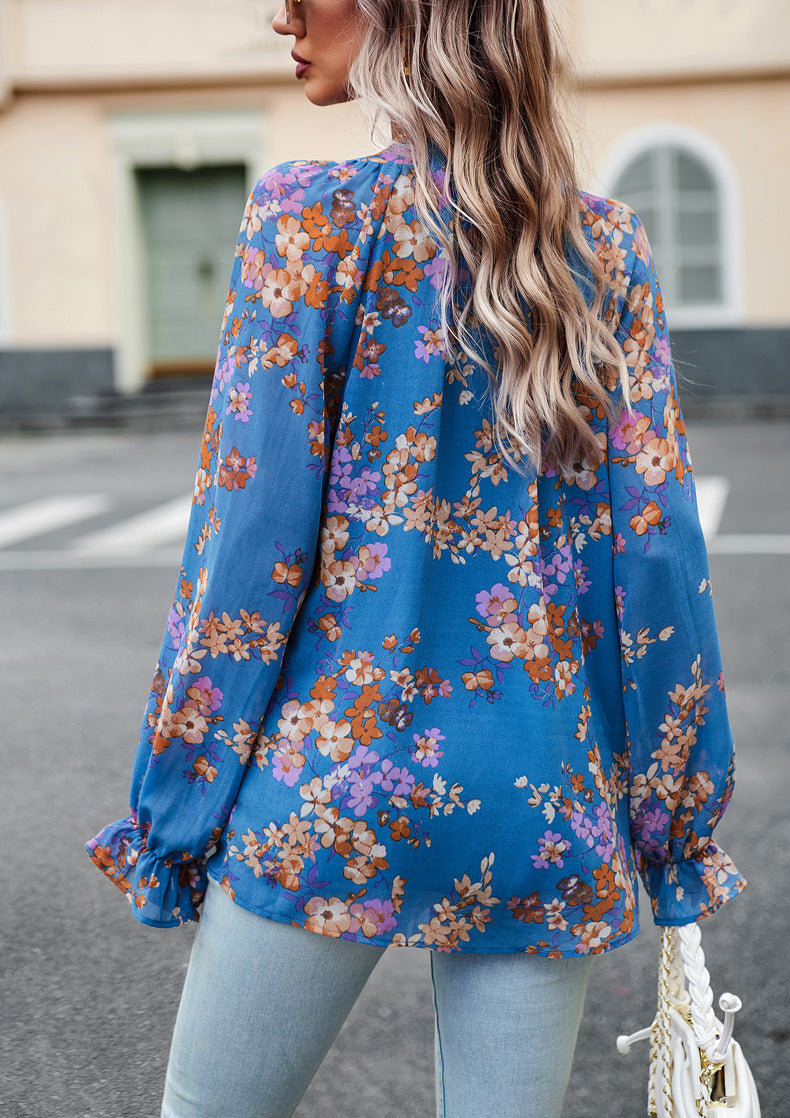 Women Floral Casual V Neck Long Sleeve Shirt - Loose Chiffon Blouses Shirts Tops