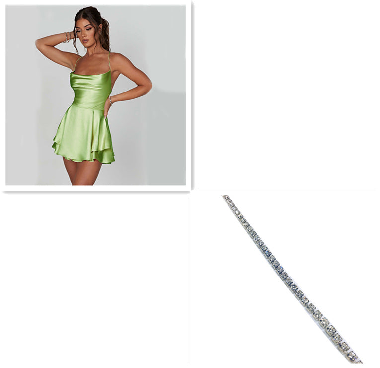 Elegant Suspender Slim Strap Satin Backless Lace Up A-Line Short Dress Lady