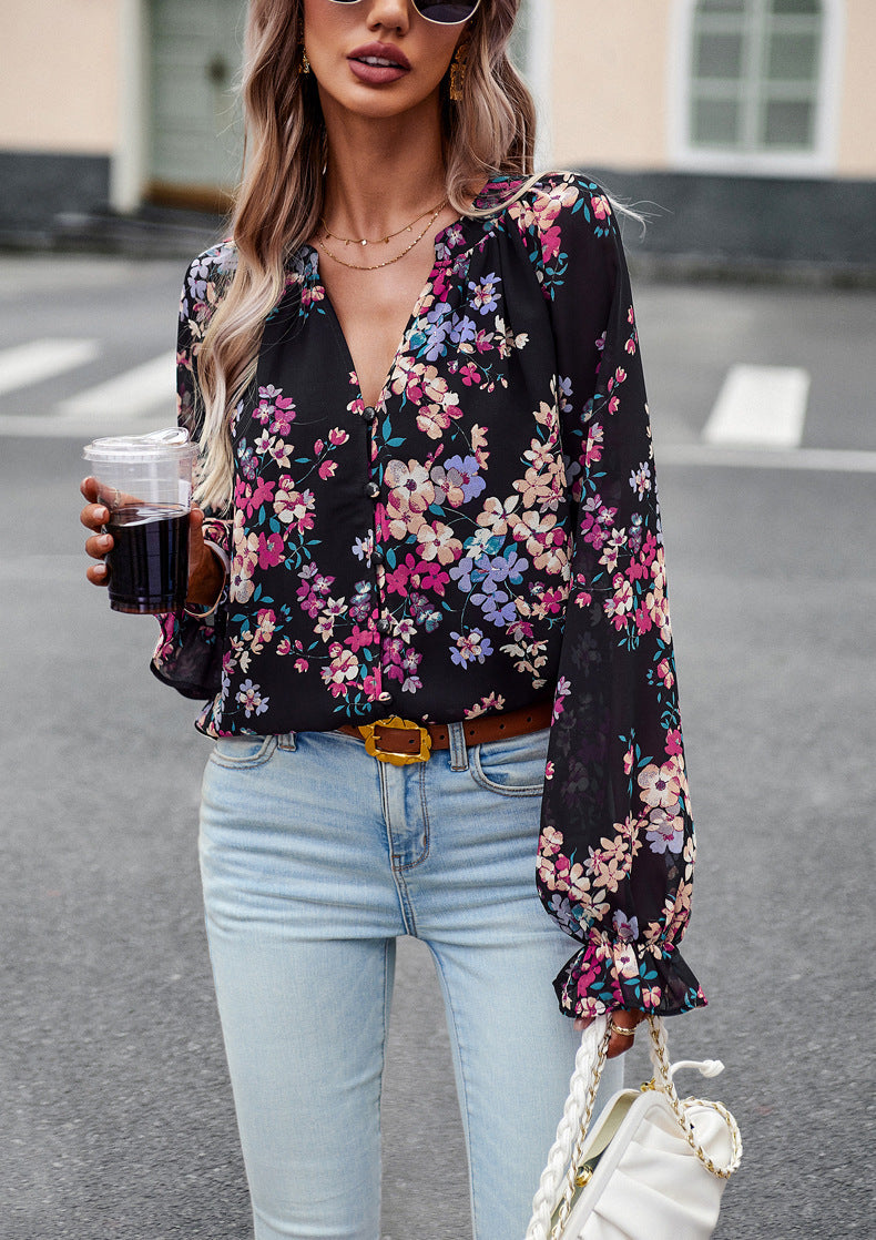 Women Floral Casual V Neck Long Sleeve Shirt - Loose Chiffon Blouses Shirts Tops