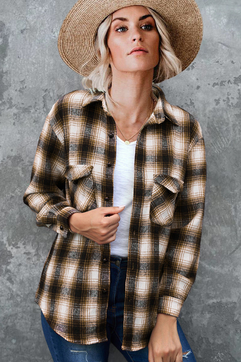 Plaid Spring Mid-length Loose Blouse - Turndown Collar Shirt Clothing