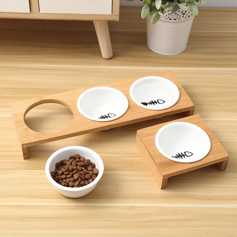 Fashion Elevated Cat & Dog Feeders – Ceramic Food & Water Bowls with Wooden Stand