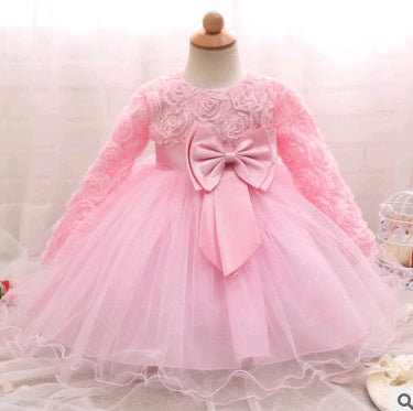 Long-Sleeved Girls Rose Dress - Children's Wedding Dress