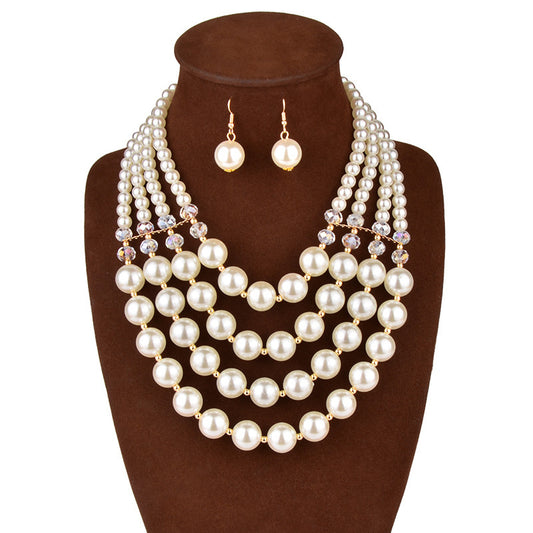 Europe Crystal Pearl Long Necklace Earrings - Bride jewelry set accessories
