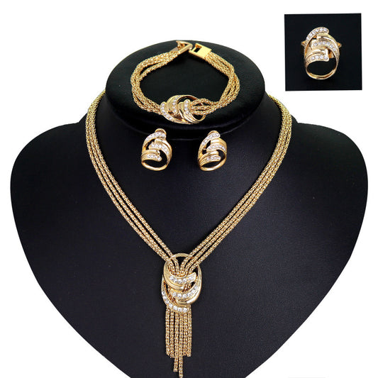 European - American Style 4 Piece Jewelry Set - Necklace, Bracelet, Earrings, Rings, Wedding Bride Jewelry Set Four Pieces