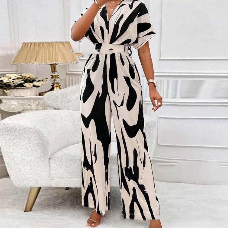 V-neck Loose Printed Long Jumpsuit - JumoShop