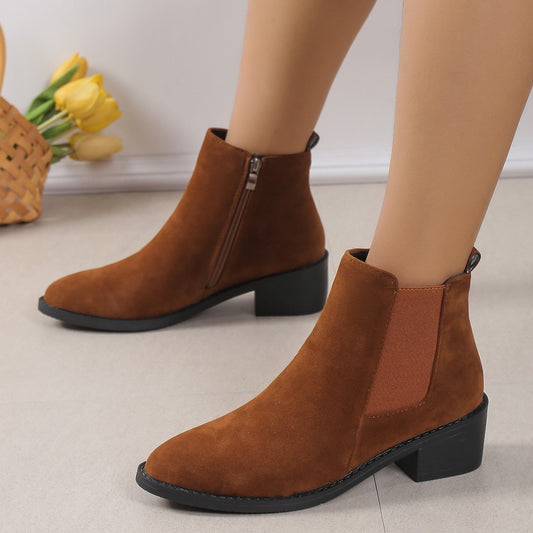 Women's Fashion Ankle Boots With Side Zipper - Chunky Heel Boots Slip On Comfortable Solid Color Shoes