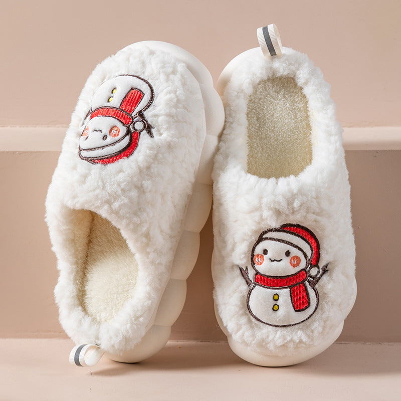 Cute Snowman Slippers -- Winter Indoor Household Warm Plush Thick-Soled Anti-slip Couple Home Slipper Soft Floor Bedroom House Shoes