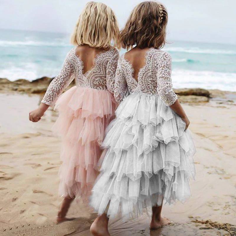 Hollow Skirt Lace Long-sleeved Girls Princess Irregular Dress