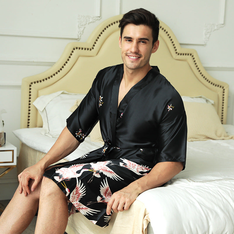 Mid-length Printed Artificial Silk Nightgown - Men's Groom Best Man Morning Gowns Sexy Pajamas