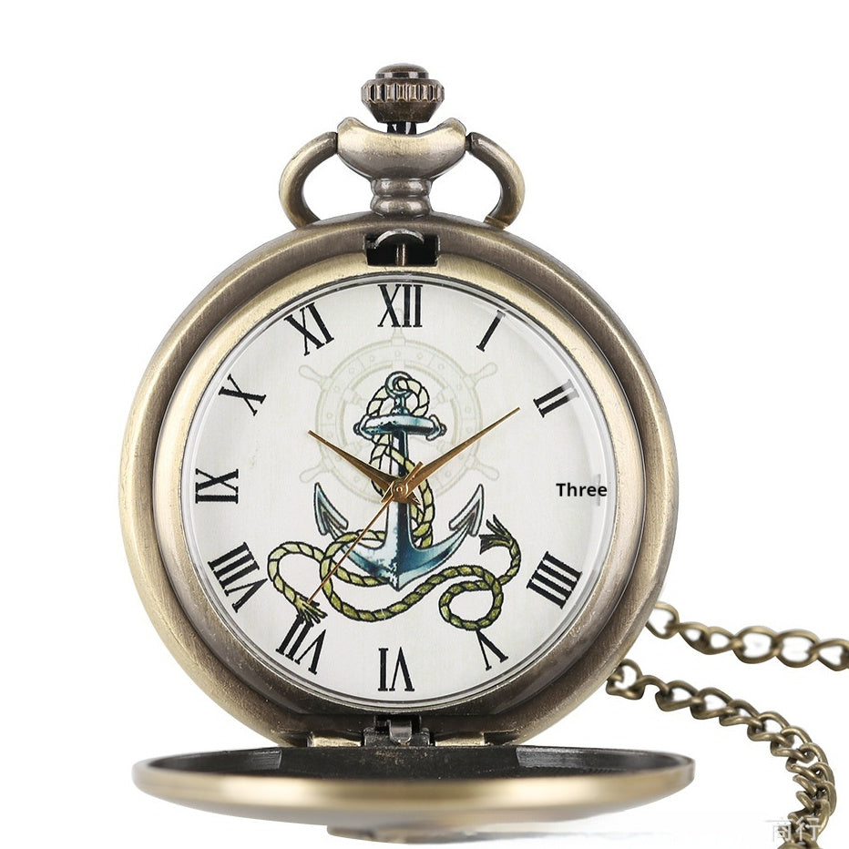 Retro Bronze Boat Anchor Pattern Roman Literal Quartz Large Pocket Watch