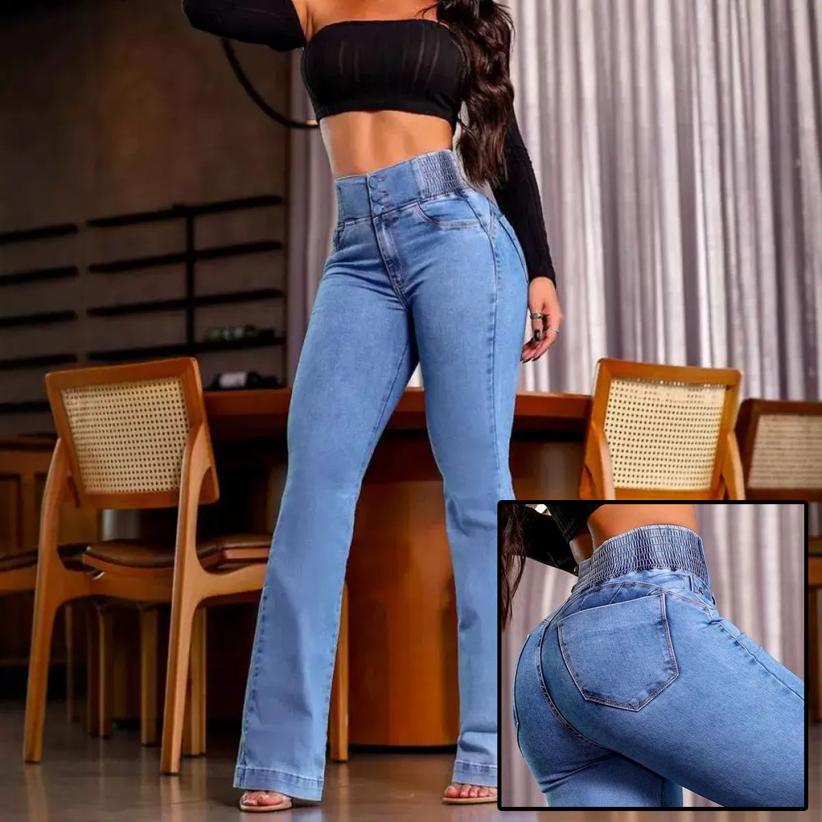 Sexy Elegant New Fashion Casual Female Jeans - Bottom Back Shirred Button Front High Waist Jeans