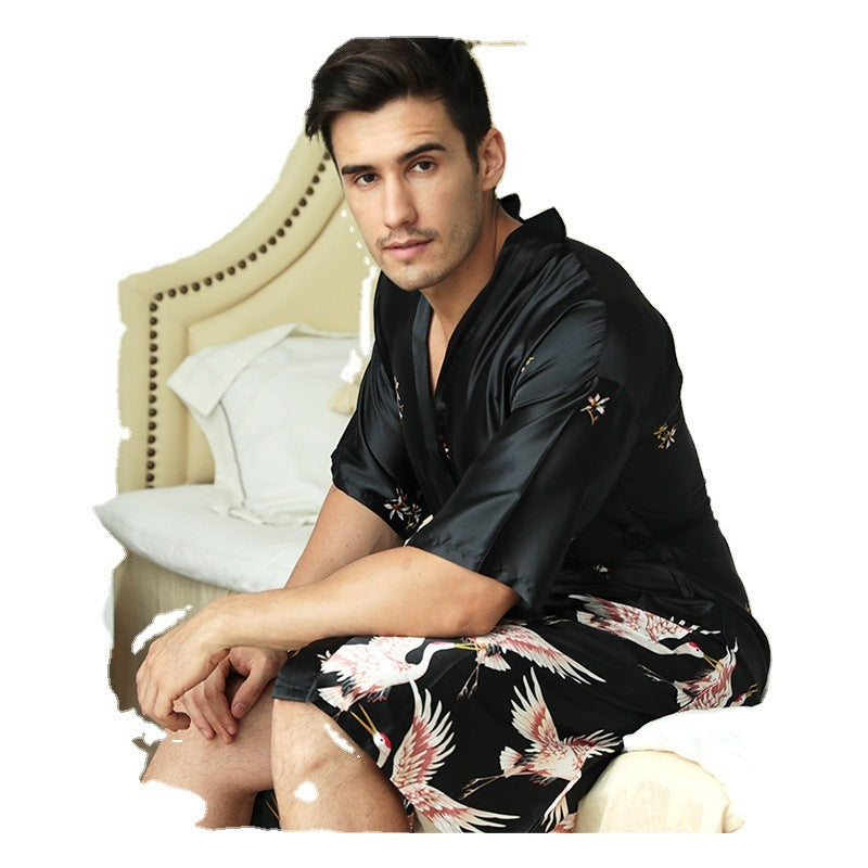 Mid-length Printed Artificial Silk Nightgown - Men's Groom Best Man Morning Gowns Sexy Pajamas