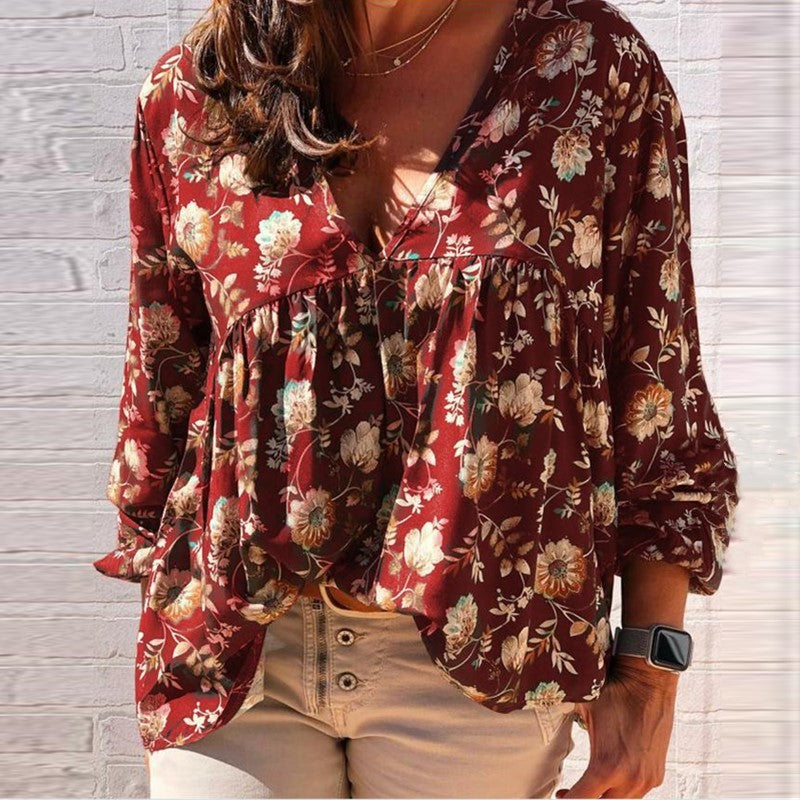 Floral V-neck Long Sleeved Blouse