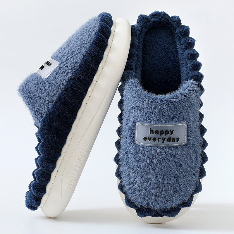 Home Slippers For Men -- Thick-soled, Color-block Letters Fluffy Fleece  House Shoes