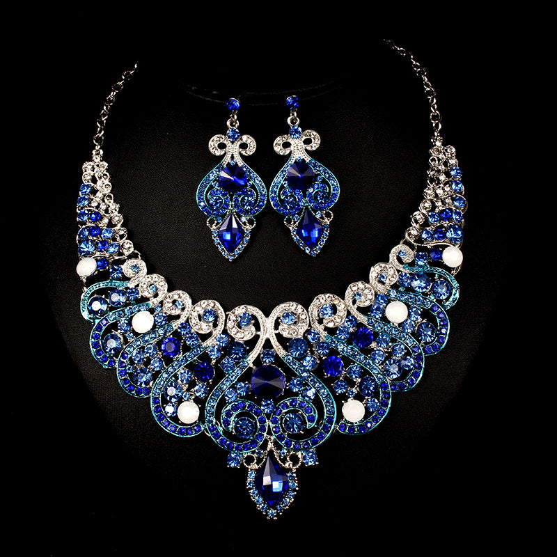 Luxury Crystal Bridal Jewelry Set – Statement Necklace & Dangle Earrings with Iridescent Rhinestones