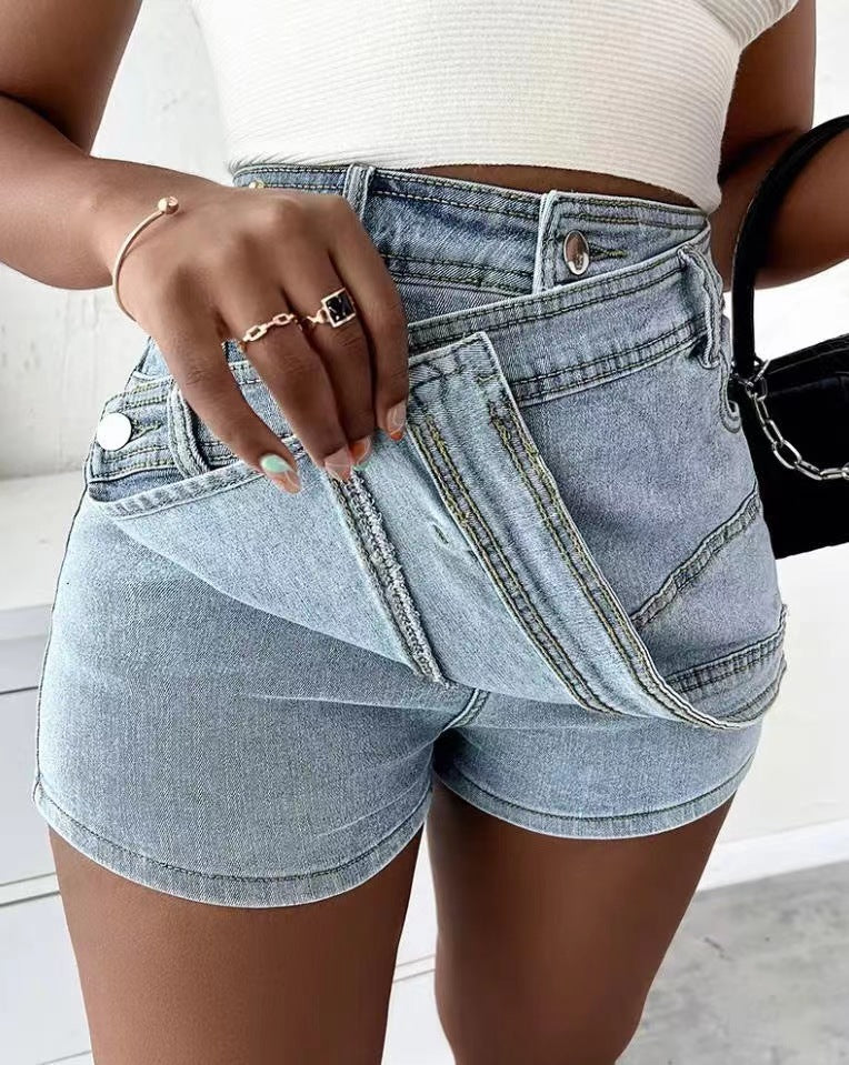 Y2K Street Vintage Denim Shorts - Stretch Overlap Waist Wrap Solid Asymmetrical Hem A-Line Skinny Mini Skorts Skirt