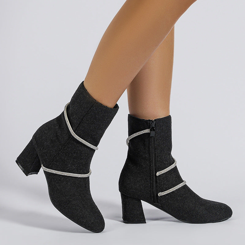 Chunky Mid-Heel Boots With Rhinestone Chain Design For Women