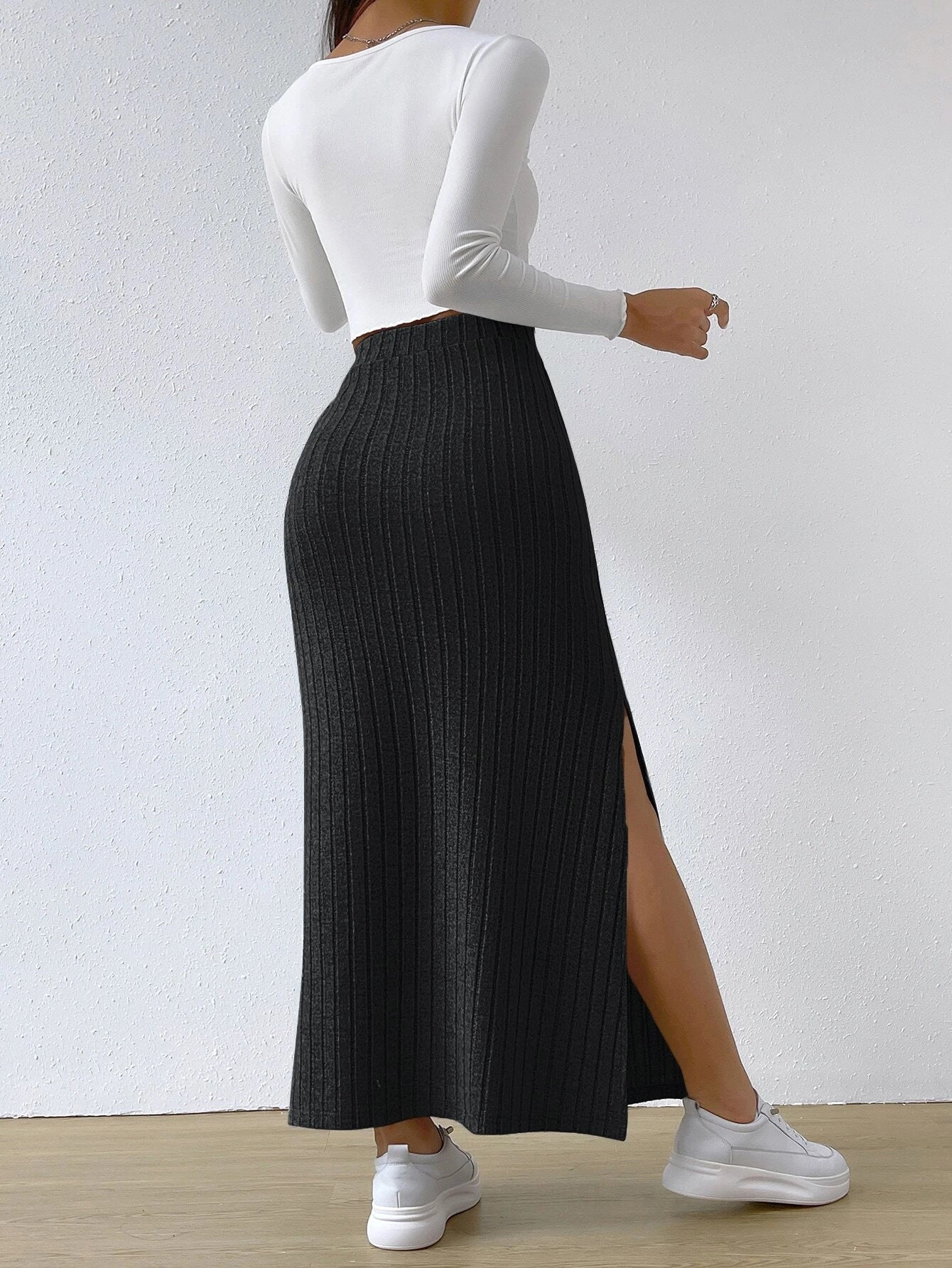 Spring Long High Waist Side Slit Skirt -  Slim Fit Knitted Women's Dress