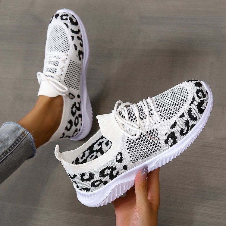 White Shoes - Women Leopard Print Lace-up Sneakers