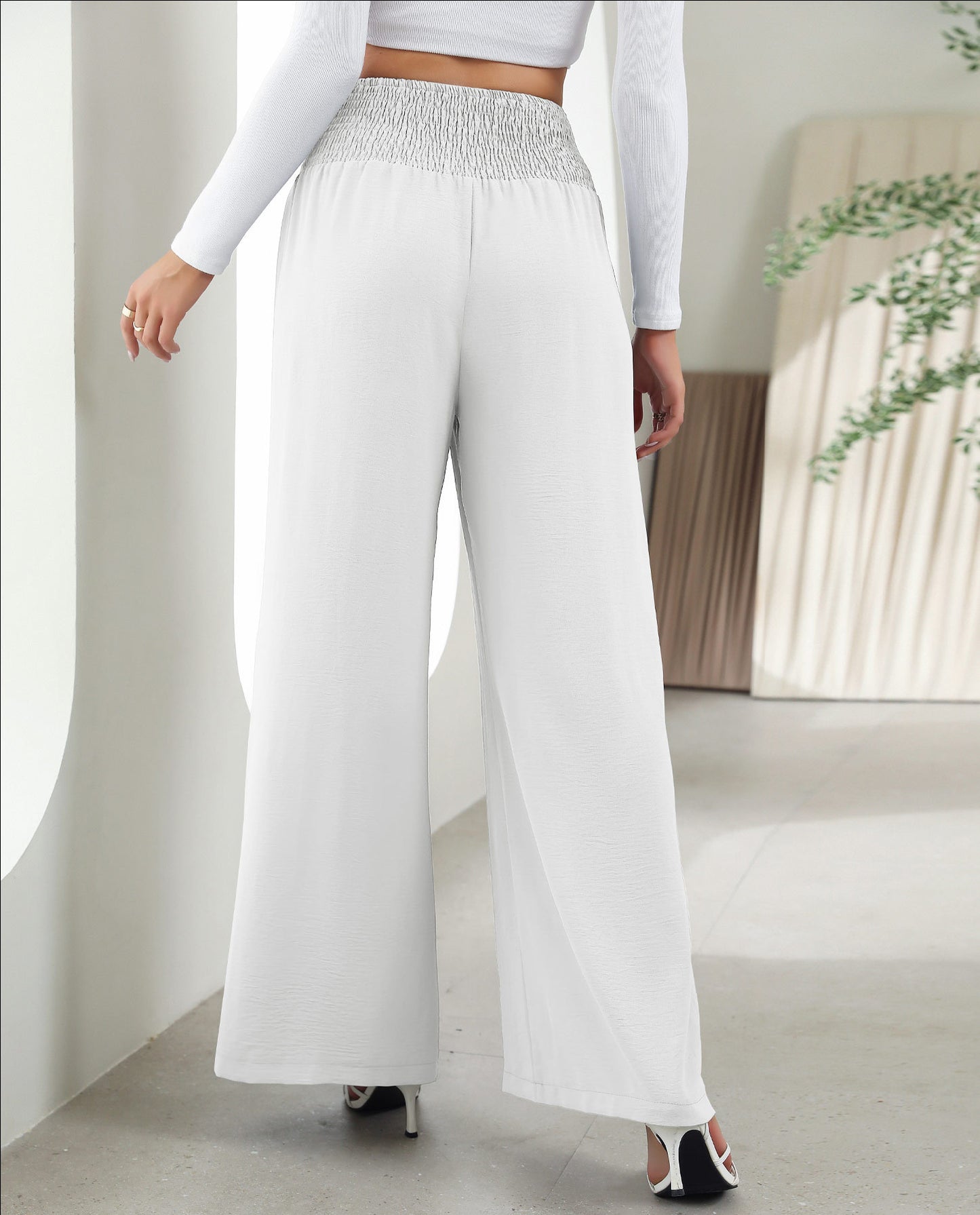 Elastic High Waist Wide Leg Pants - Casual Trousers For Women