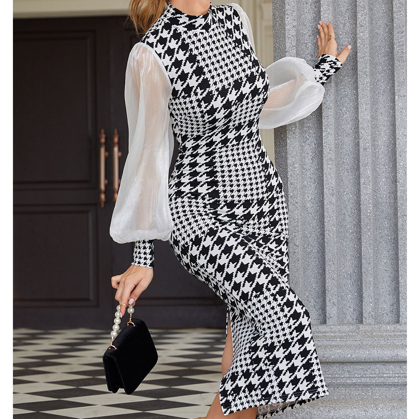 Elegant Women's Houndstooth Bodycon Dress with Sheer Mesh Sleeves – Bold, Chic & Classy! Women's Dresses, Mesh Sleeves Dress - JumoShop