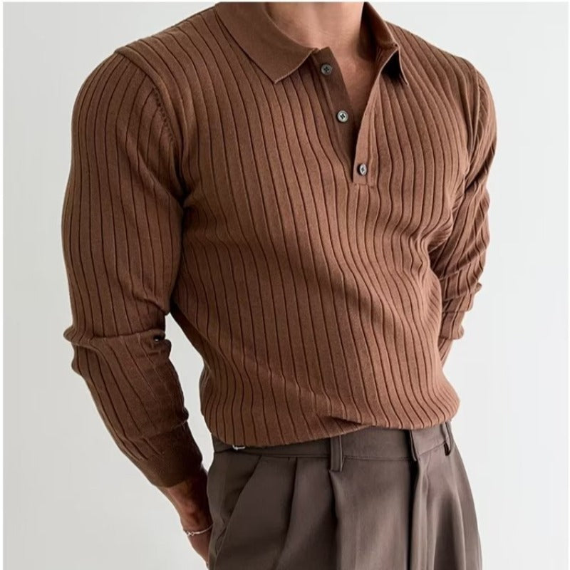 Lapel Button Long Sleeved Polo Shirt