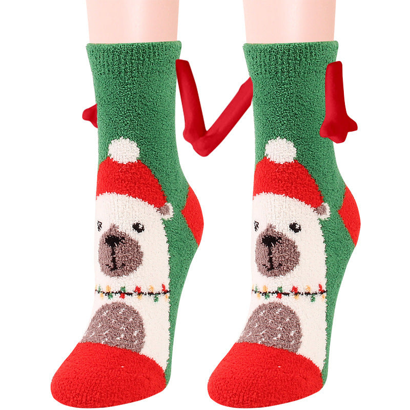 Christmas Supplies Magnetic Suction Hand In Hand Couple Socks - Coral Fleece Tube Socks Warm Slipper Bed Socks Winter Soft Warm Slipper