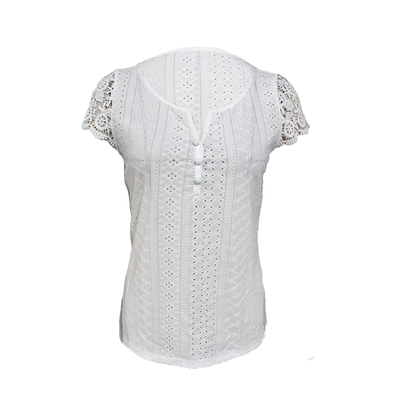Ladies' Lace Patchwork Sleeves With Hollow Buttons, Casual V-neck Versatile Solid Color Shirt Top
