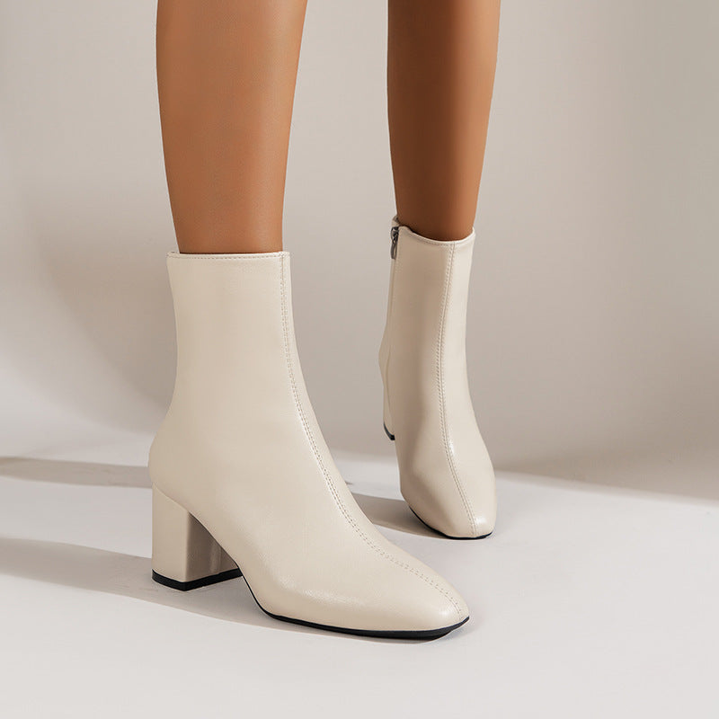 Chunky Heel Pointed Toe Boots With Side Zipper