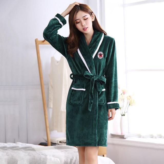 Winter Flannel Lovers Robe Gown - Elegant Solid Casual Sleepwear