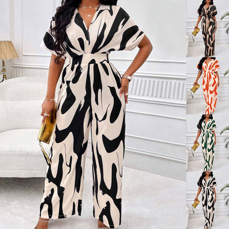 V-neck Loose Printed Long Jumpsuit - JumoShop