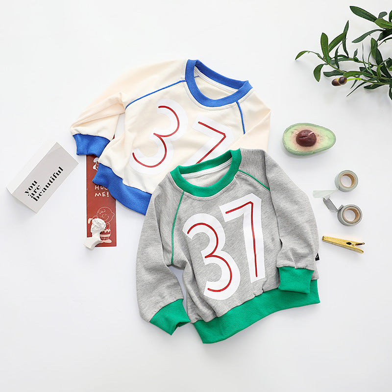 Children's Round Neck Sweater - Boy/Girl Number 37 letter Sweater, color matching Korean boys" sweater