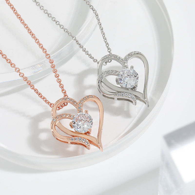 ✨ Double Heart Zircon Necklace – Sparkle with Love & Elegance ✨Zircon Double Love Necklace With Rhinestones Ins Personalized Heart-shaped Necklace Clavicle Chain Jewelry For Women Valentine's Day Love Necklace - JumoShop